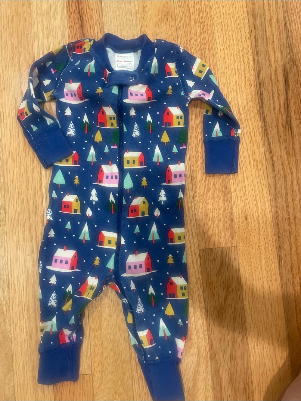 Hanna Andersson Navy Blue Holiday Cabin Print Baby Footie